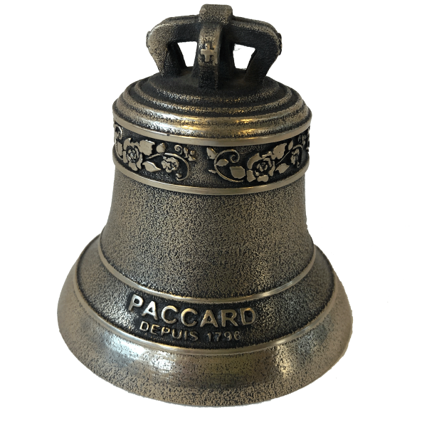 Cloche miniature en Bronze, finition Bronze Ancien, avec frise Roses et signature PACCARD